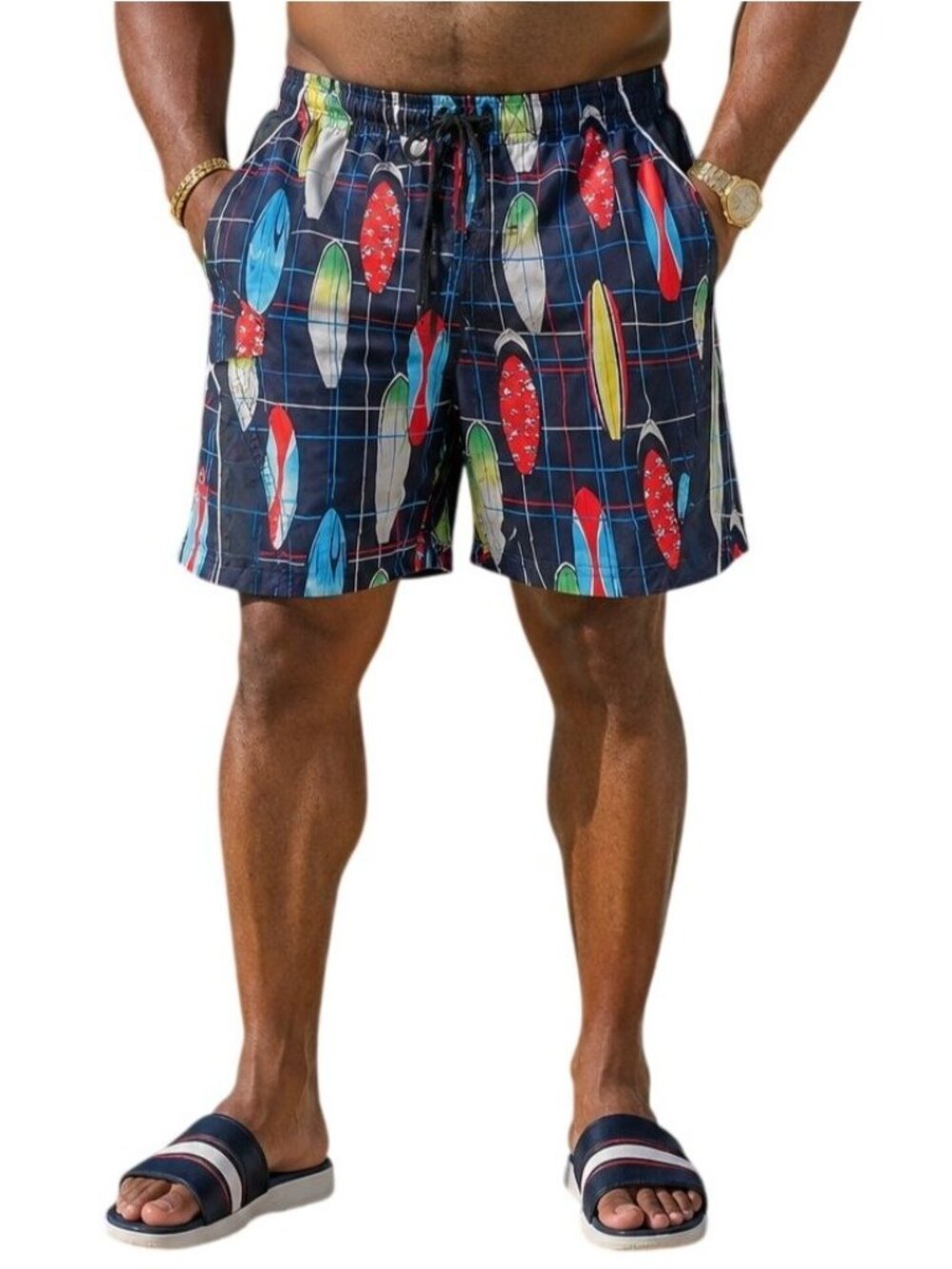 Hang Ten Mens Size Large Swim Trunks Surfboard Print Elastic Waist Drawstring